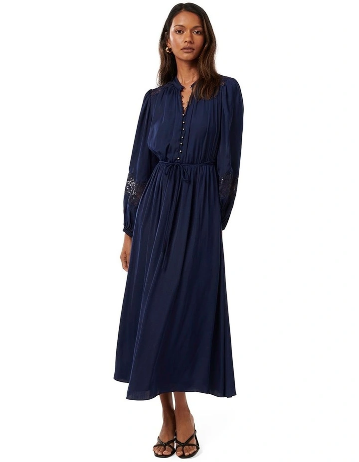Paisley Trim Detail Midi Dress in Blue