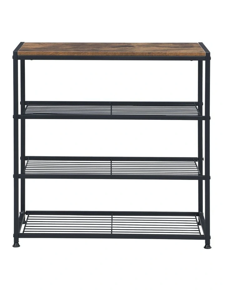4-Tier Tower Metal & Faux Antique Wood Shoe Rack in Brown/Black