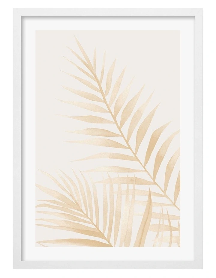 Australian Made Watercolour Palm Leaves Beige Art Print A2 in White Frame