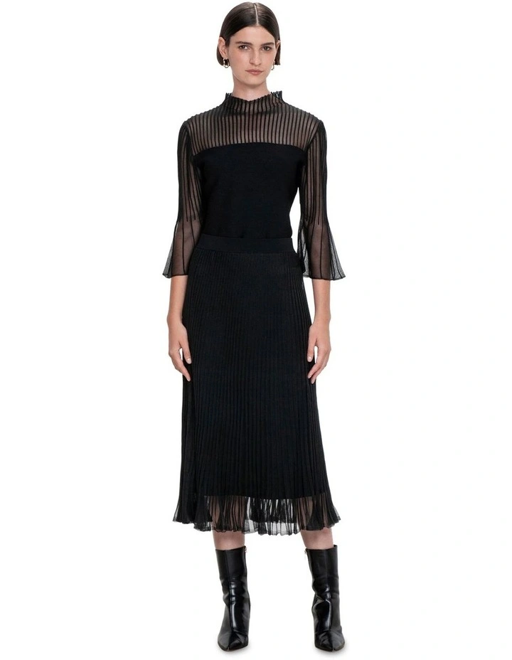 Sheer Pleated Knit Skirt in Black