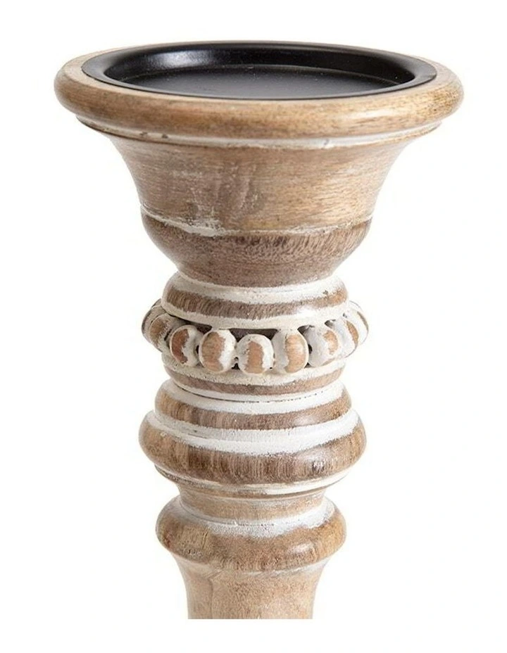 TallHandmade Wooden Beaded Pillar Candle Holder in Brown