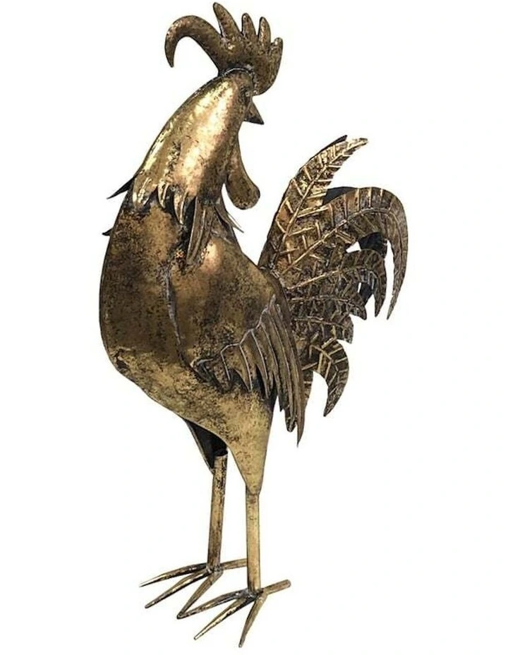 Metal Animal Golden Rooster Facing Back 58cm in Distressed Gold