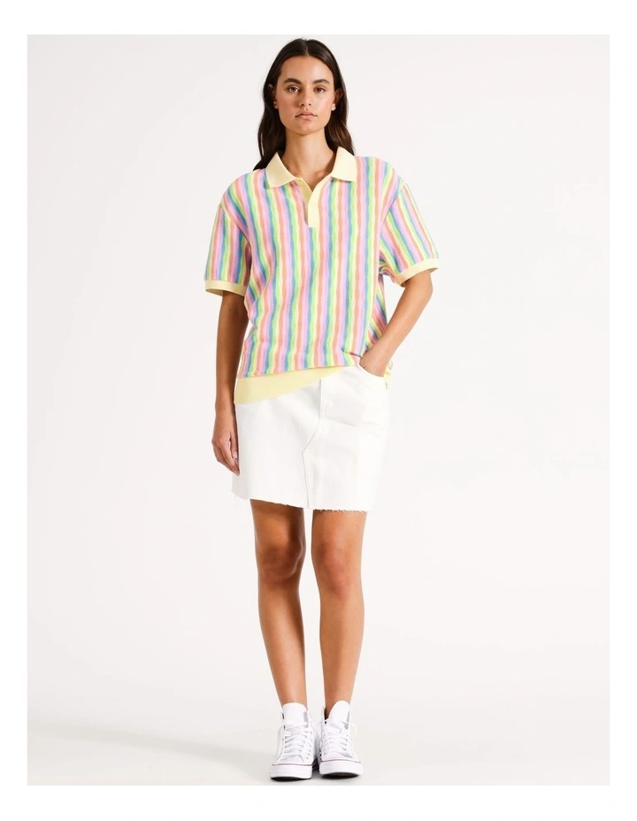 Silas Stripe Knit All Gender Short Sleeve Polo in Beige