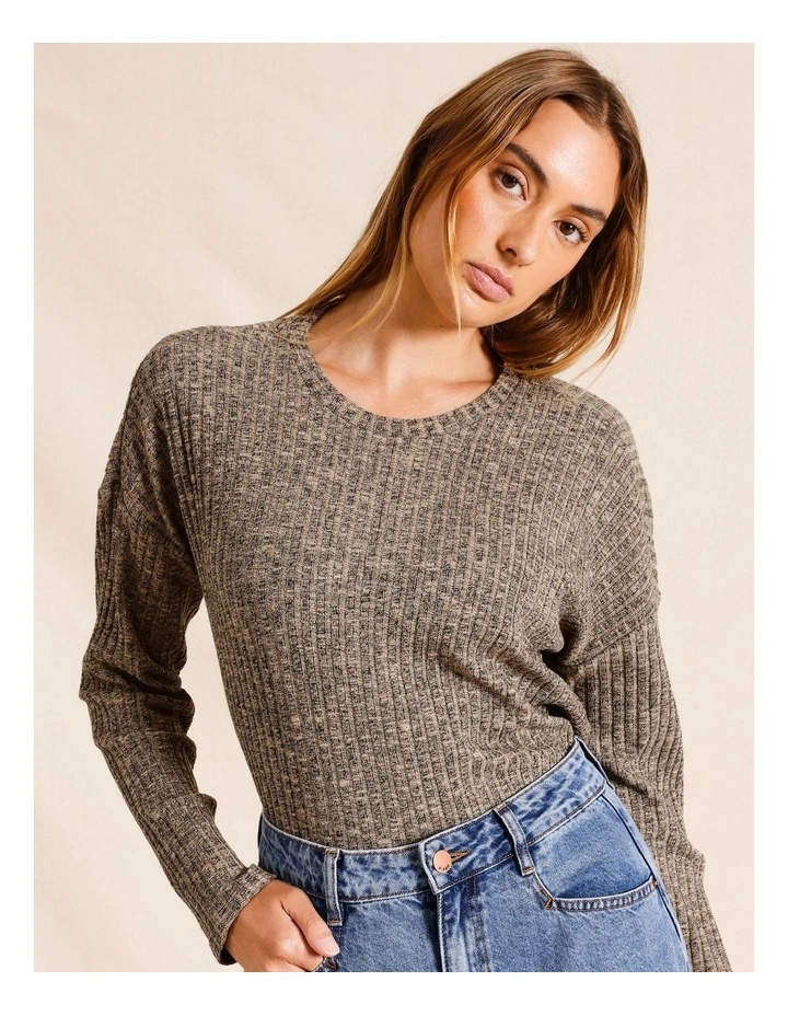 Long Sleeve Drop Shoulder Rib Top in Tan