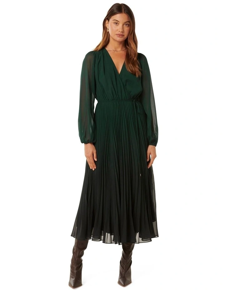 Priscilla Long Sleeves Pleated Midi Dress in Green