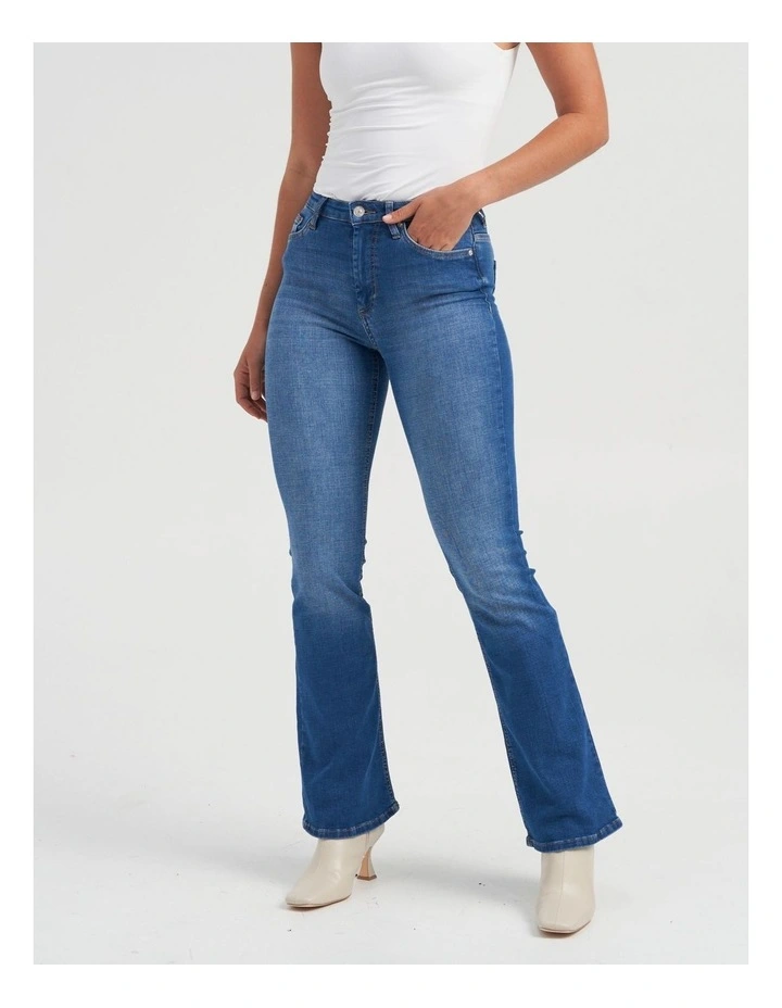 Hella High Waisted Flared Jeans in Medium Blue Denim