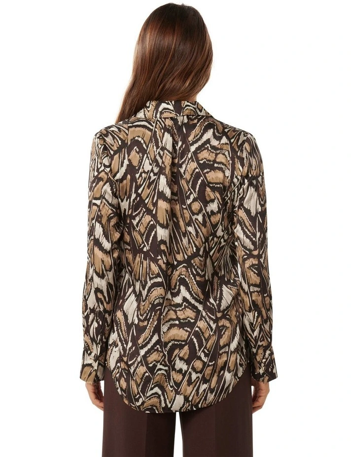 Lila Longline Printed Satin Shirt in Brown
