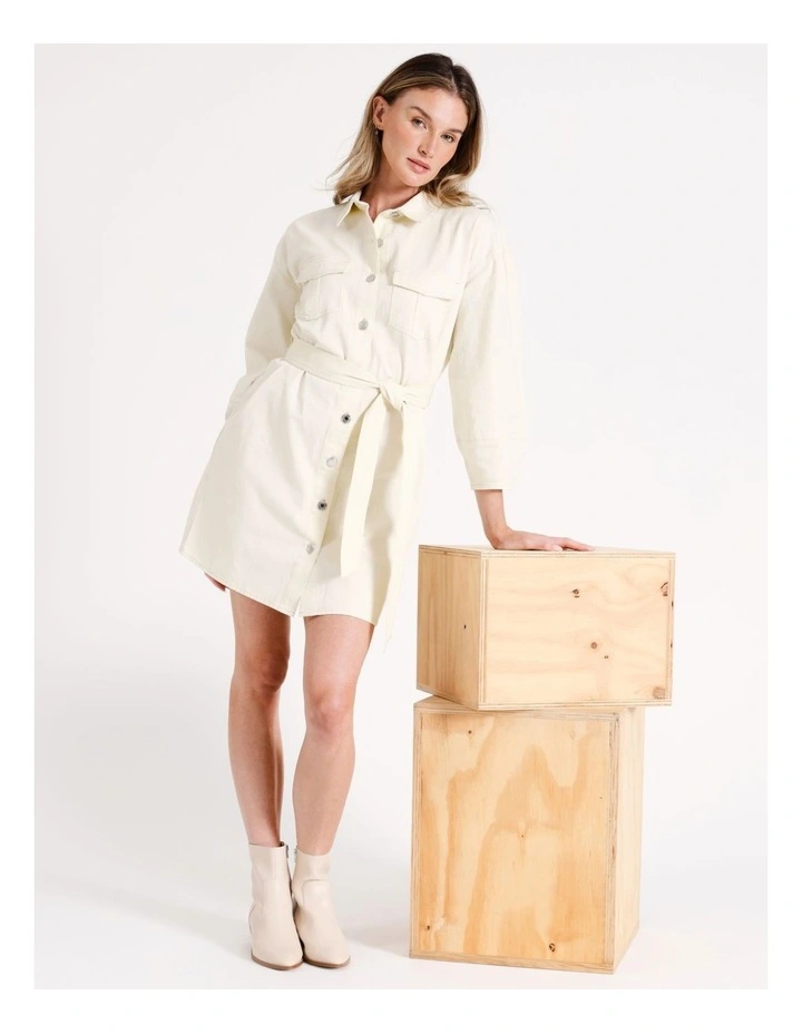 Lantern Sleeve Belted Denim Dress in Cream