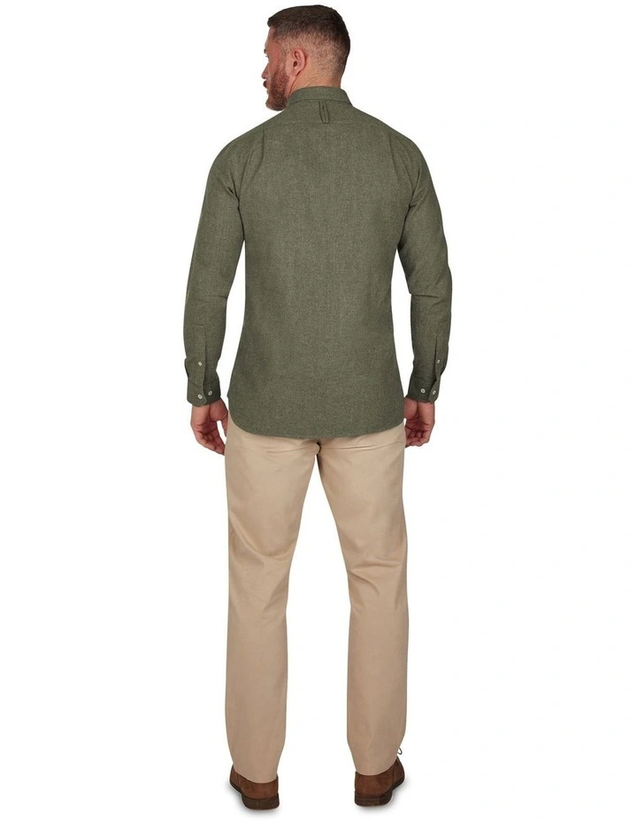 Brushed Twill Herringbone Melange Long Sleeve Shirt in Khaki