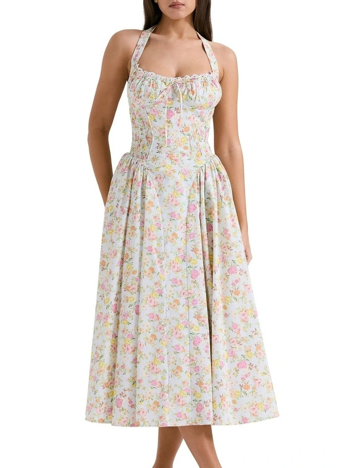 Adabella Cotton Halter Sundress in Pale Blue Meadow Print