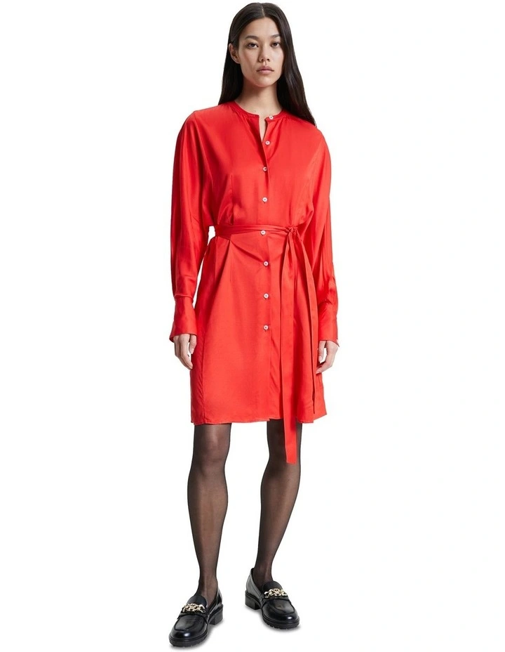 Belted Mini Shirt Dress in Red