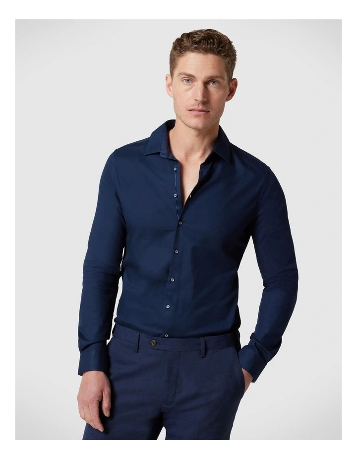 Slim Textured Long Sleeve Shirt in Navy