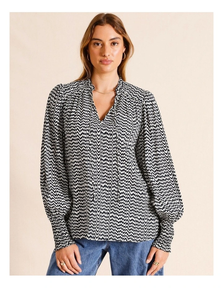 Ruffle Neck Viscose Blouse with Shirred Cuff in Navy Multi