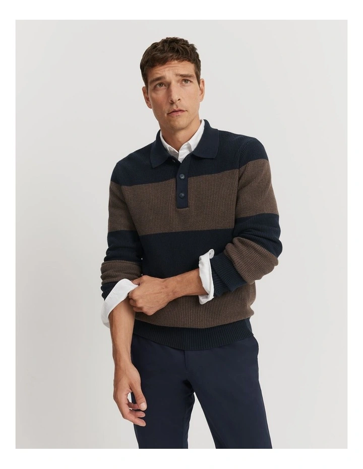 Australian Cotton Blend Stripe Wool Blend Polo in Navy