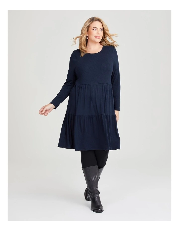 Natural Mini Rib Tiered Dress in Navy