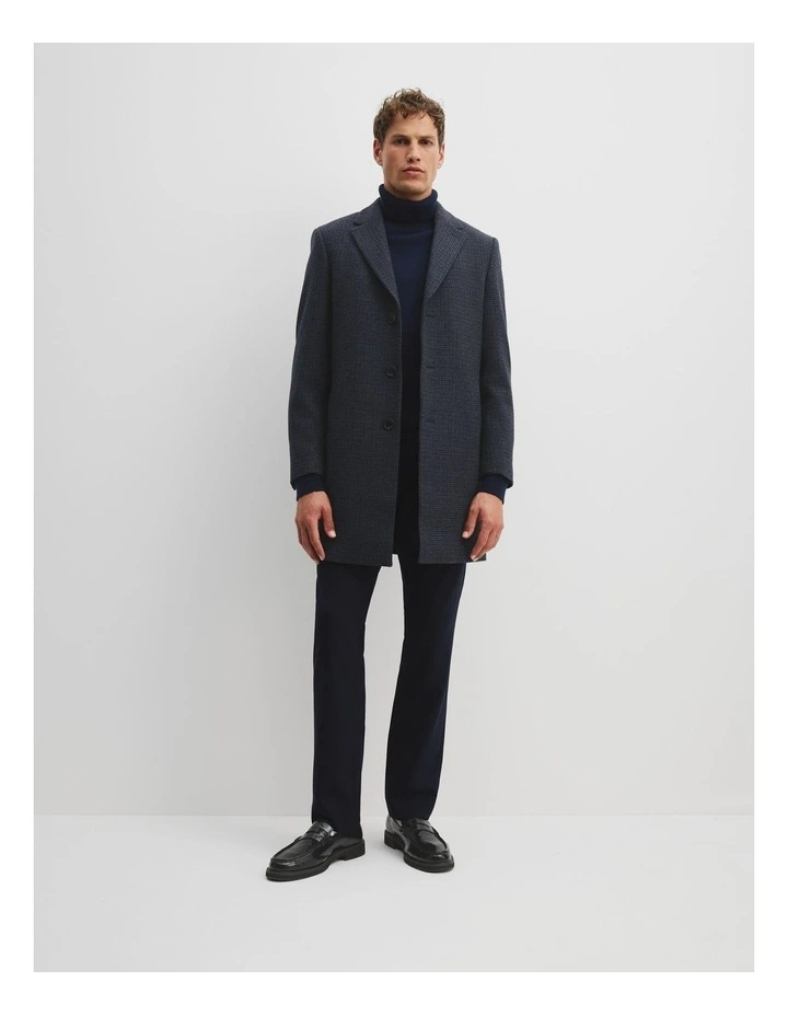 Recycled Wool Blend Check Crombie Coat in Navy