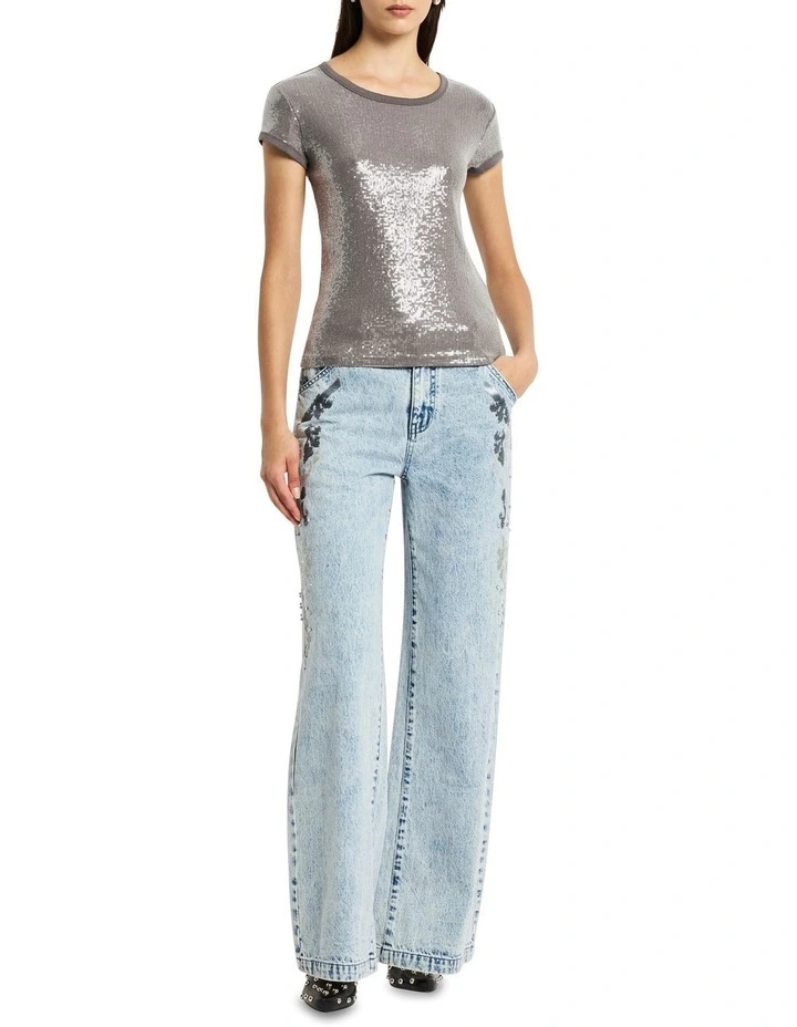 Sequin Sparkle Jersey Top in Smokey Quartz