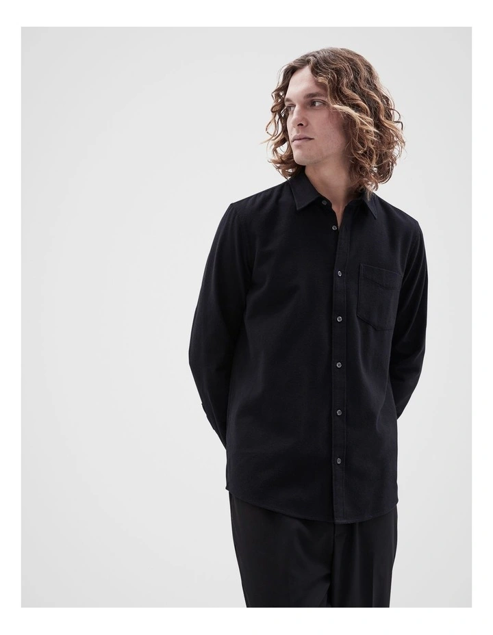 Brushed Cotton Long-sleeve Regular Fit Shirt in Black
