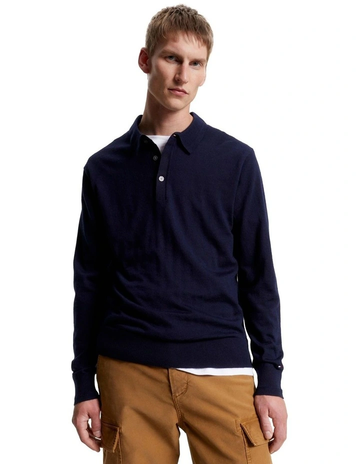 Fine Gauge Merino Long Sleeve Polo Shirt in Navy blue