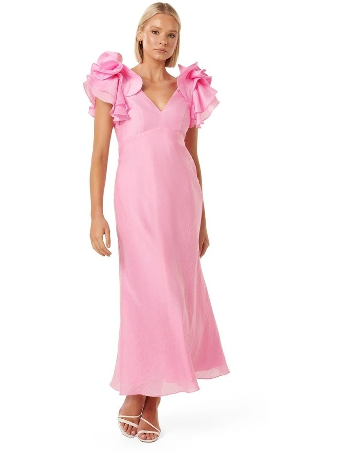 Rylie Ruffle Shoulder Maxi Dress in Pink