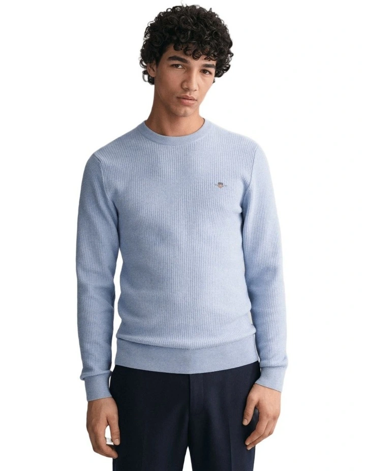 Micro Cotton Textured Crew Neck Sweater in Lake Blue Melange