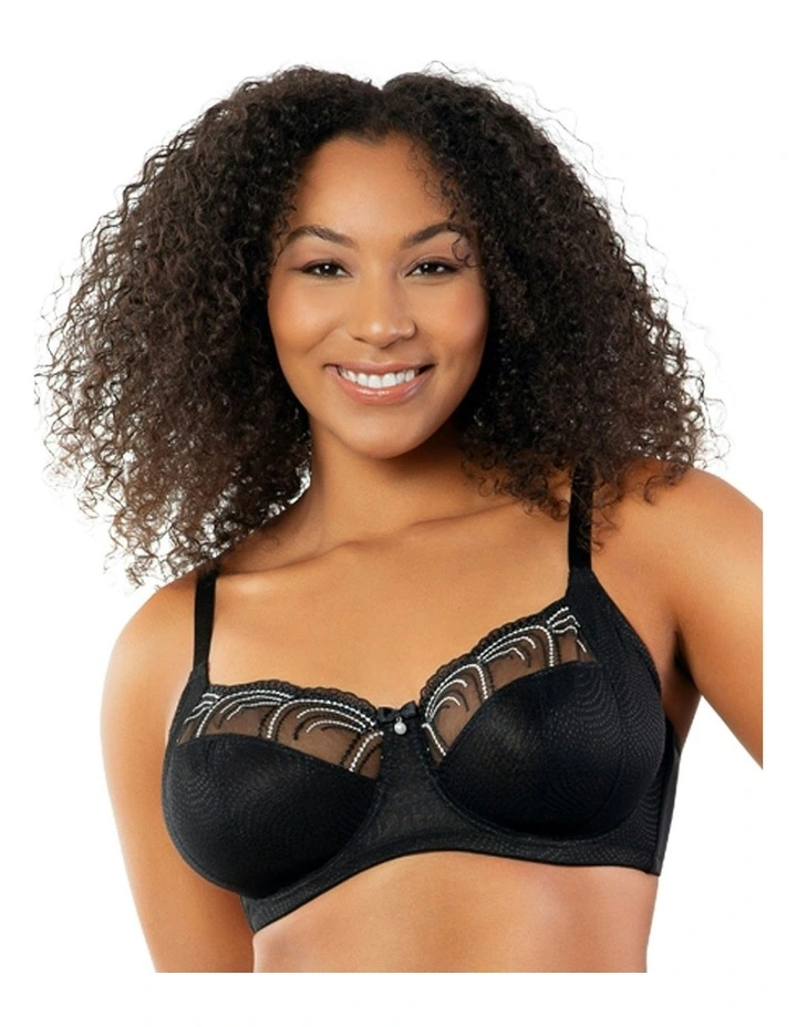 Pearl Wired Unlined Full Bust Bra With Embroidery in Black