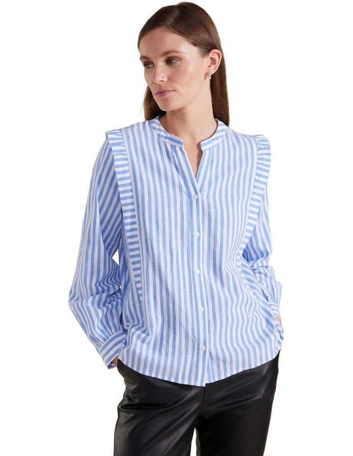 Stripe Ruffle Sleeve Shirt in Blue Quartz