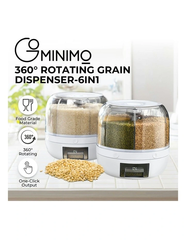 360 Rotating Grain Dispenser with Lid Rice Storage Container 6 in 1 in White