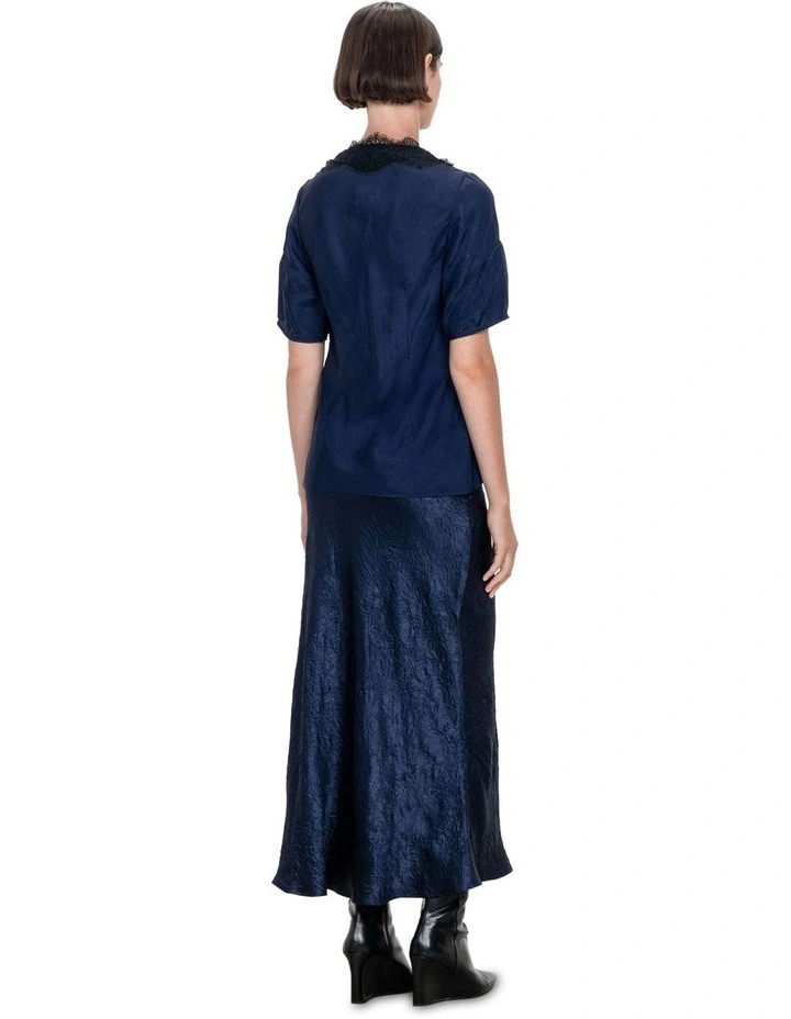 Crushed Twill Lace Top in French Navy