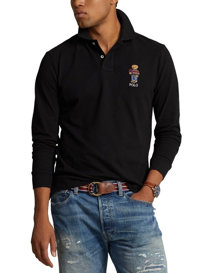 Custom Slim Fit Bear Polo Shirt in Black