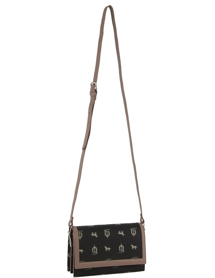 Canvas Print Leather Trim Flap Cross-Body Bag in Black