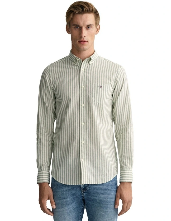 Cotton Linen Stripe Long Sleeve Shirt in Kalamata Green