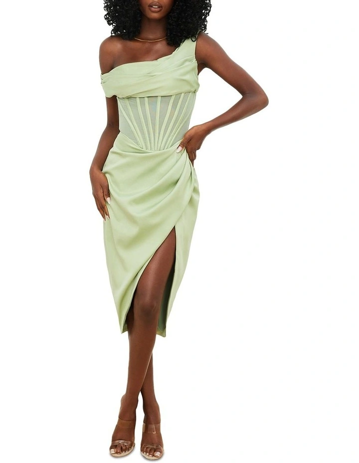 Lulu Asymmetric Drape Midi Corset Dress in Green
