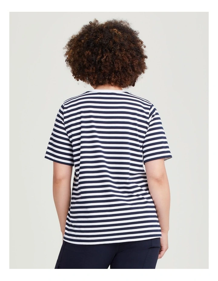 Cotton Slogan Stripe Top in White/Navy