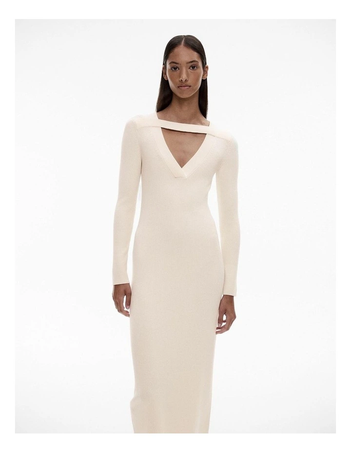 Knit V Neck Cut Out Dress in Cream