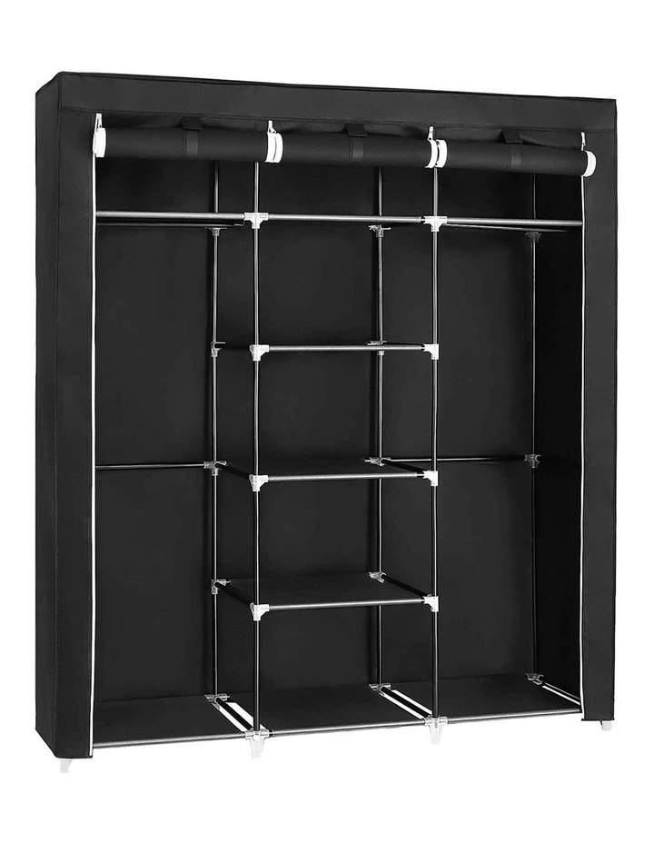 Folding Wardrobe Fabric Cabinet with 2 Clothes Rails in Black