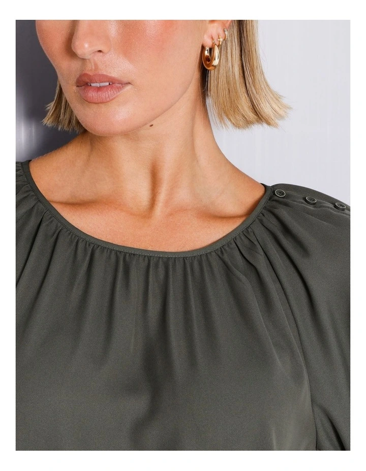 Recycled Poly Blend Gathered Neck Top in Khaki