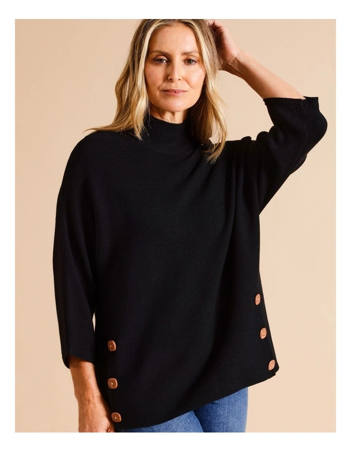 Sustainable Viscose Blend Button Side Magyar Sleeve Jumper In Black