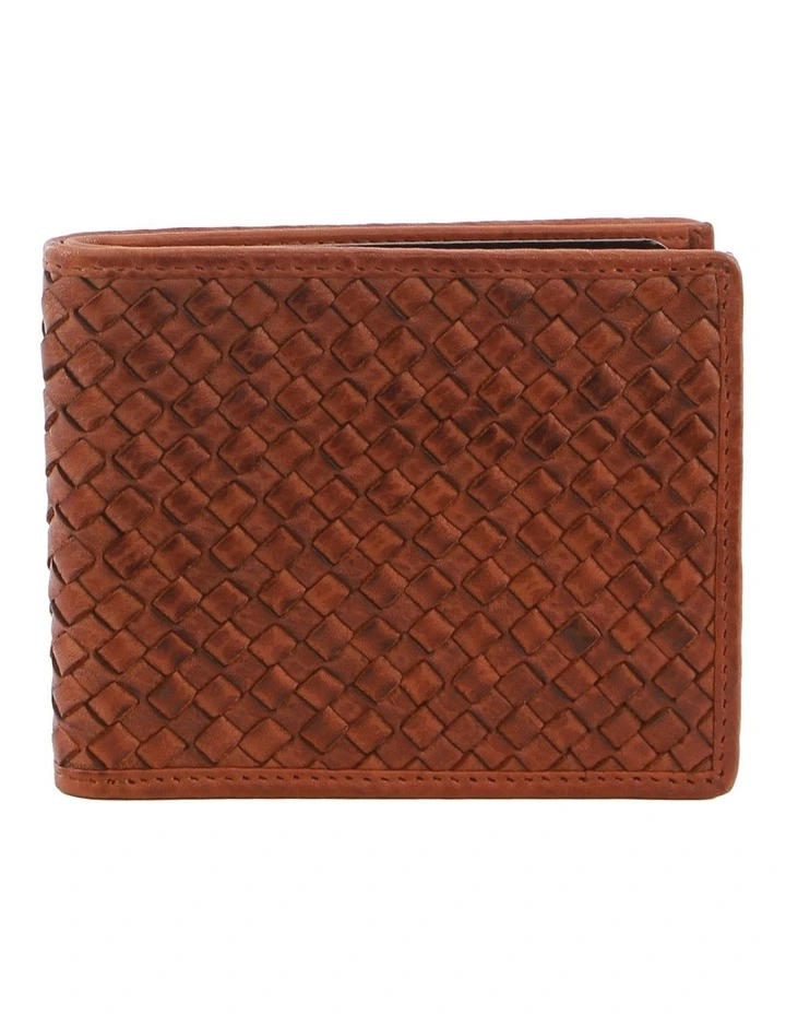 Woven Embossed Leather Bi-Fold Wallet in Cognac