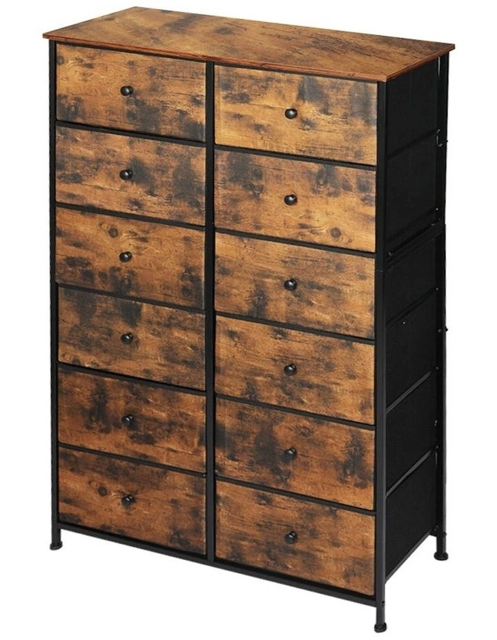 Chest of 12 Drawers Tallboy Retro Storage Cabinet in Brown