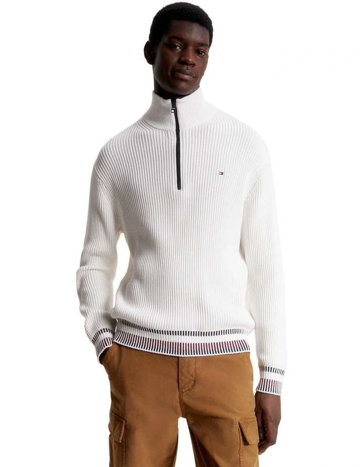Shadow Global Stripe Rib Zip Mock Knit in White