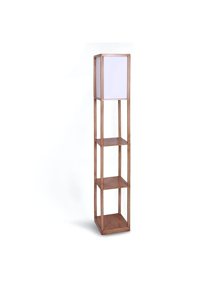Etagere Floor Lamp Off-white Fabric Shade Reading Oak Wood Finish