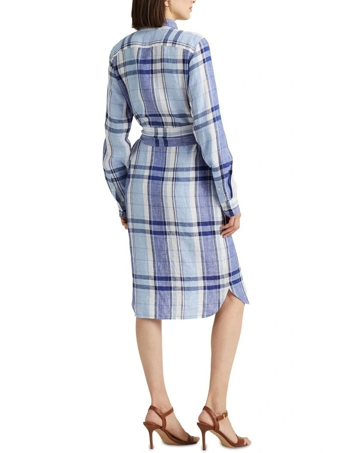 Floral & Plaid Linen Shirtdress in Blue