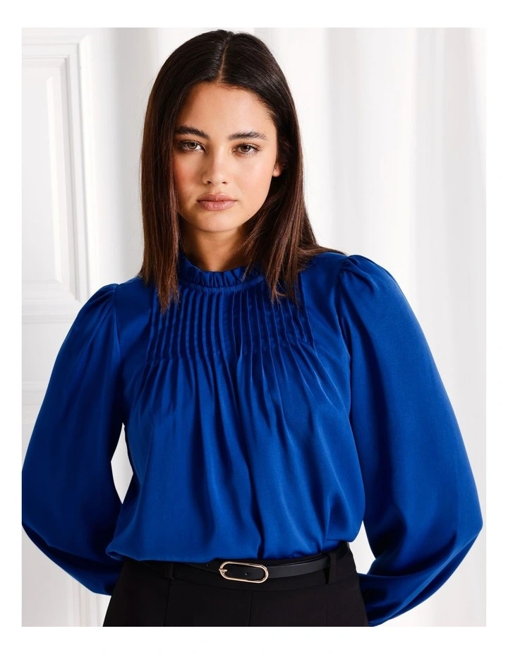 Recycled Pintuck Blouse in Cobalt