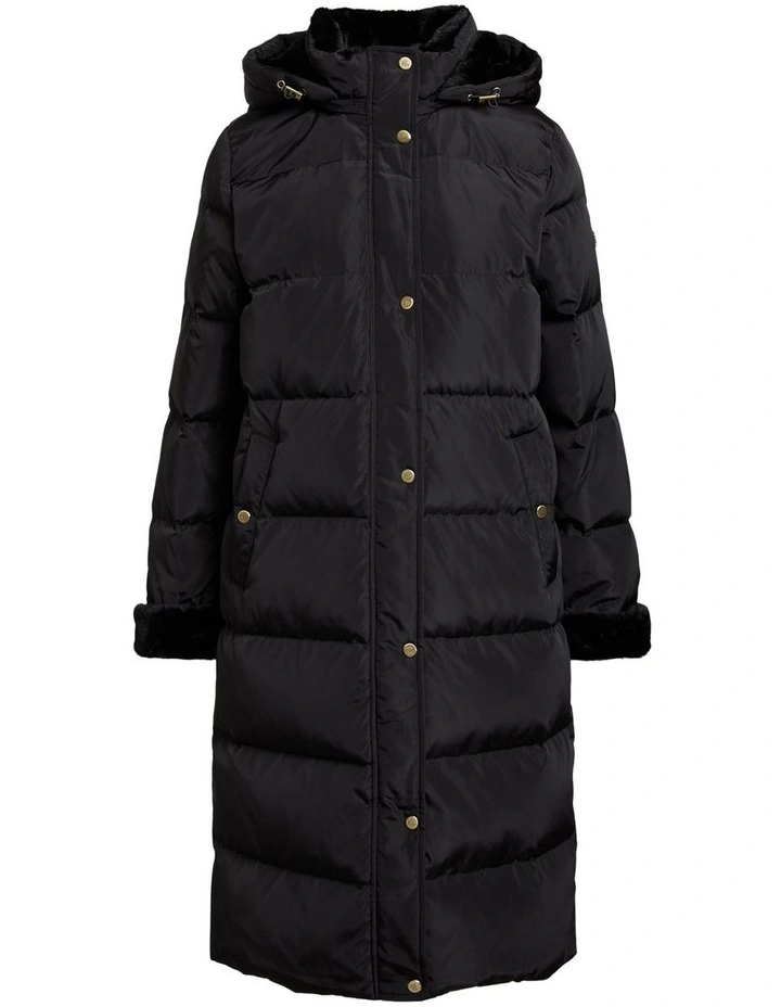 Faux-Fur-Trim Hooded Down Coat in Black