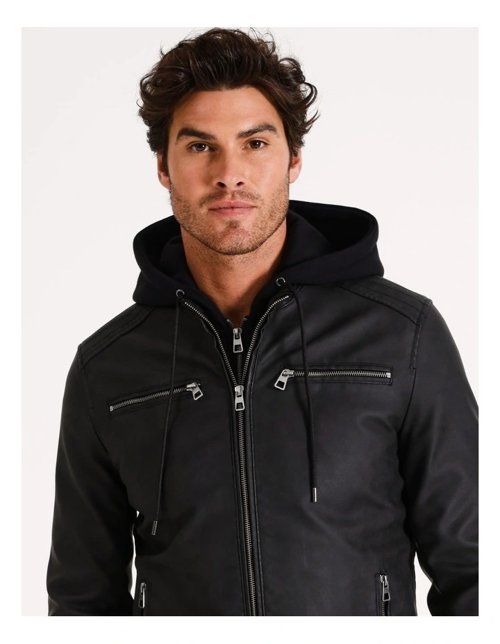 Portsea PU Hooded Jacket in Black