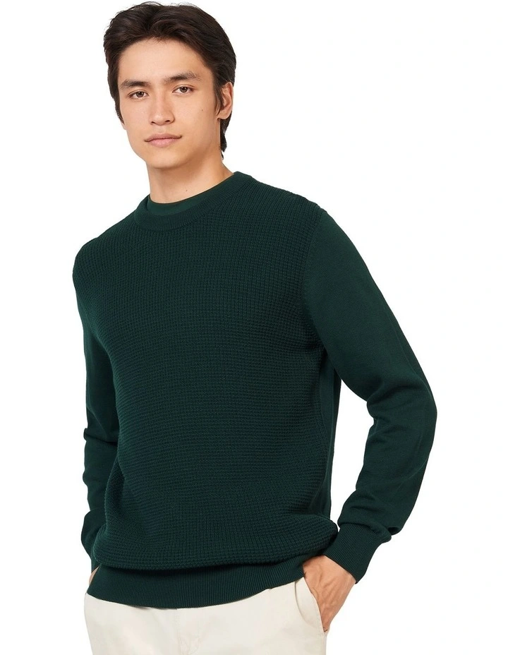 Textured Front Crew Knit Sweater in Green