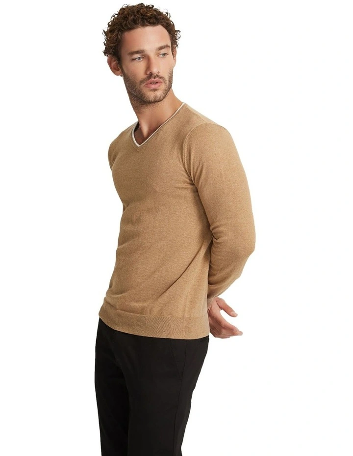 Tipping V-Neck Knitted Top in Biscuit