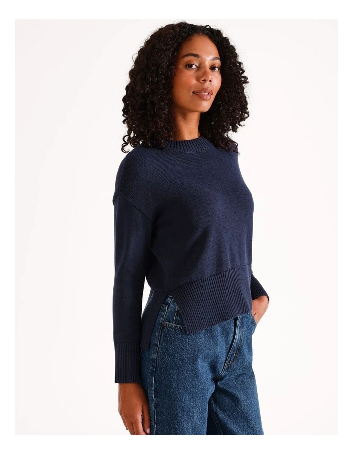 Organic Relaxed Step Hem Crew Neck Jumper in Navy