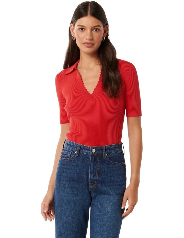 Faye Scallop Trim Tee in Red